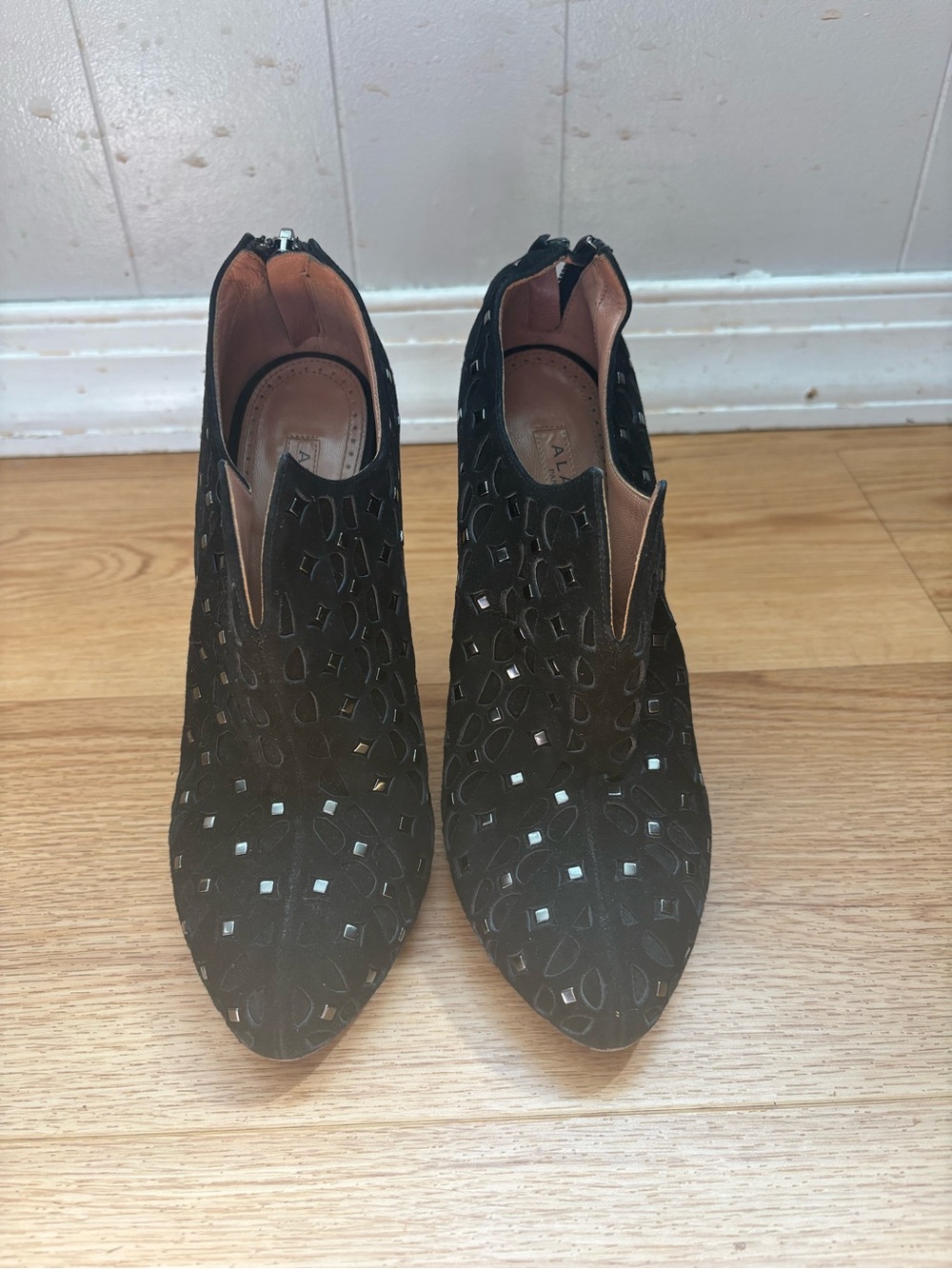 Alaia Black Studded Cutout Women's Suede Ankle Booties